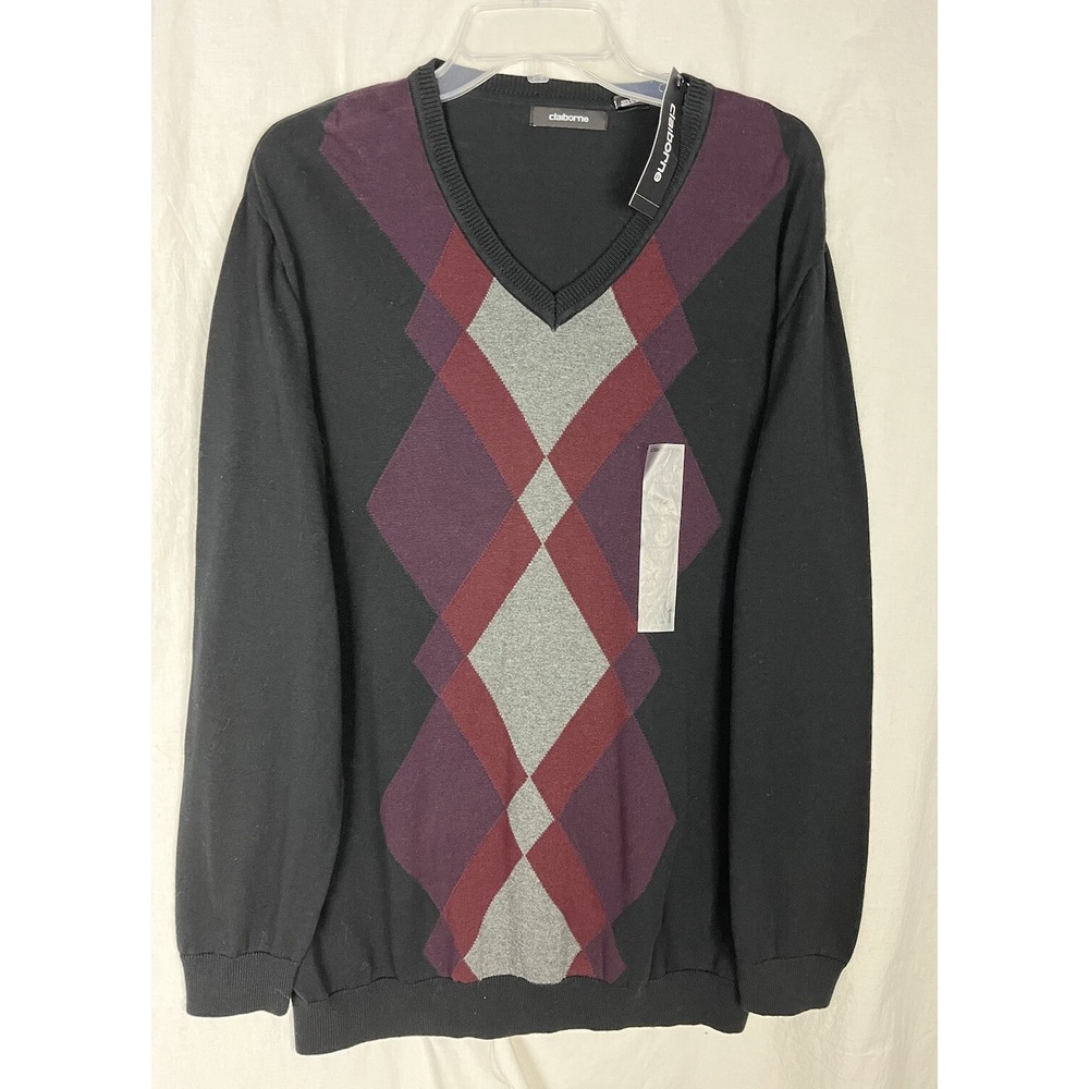 Claiborne Sweater L Argyle Diamond Black V Neck Long Sleeve Knit Pullover Mens